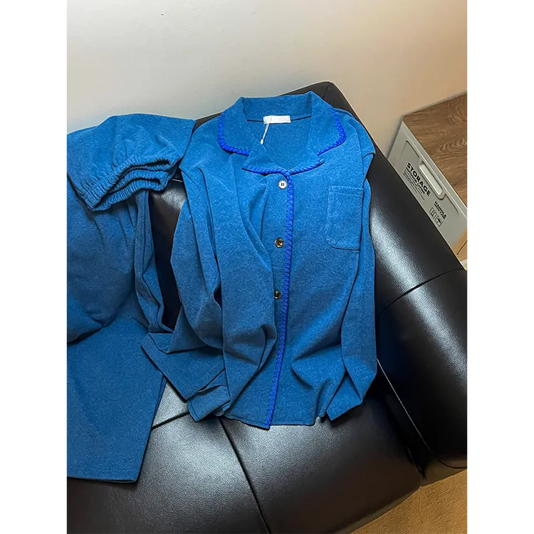 韩系显白蓝色双面德绒睡衣女秋冬2025新款高级感保暖大码家居套装