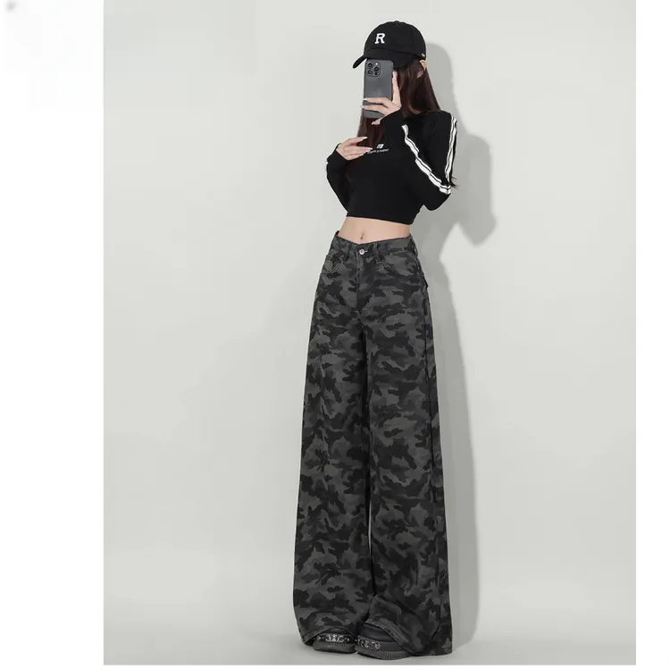 美式高街复古迷彩阔腿牛仔裤女夏季新款高腰宽松显瘦直筒工装长裤