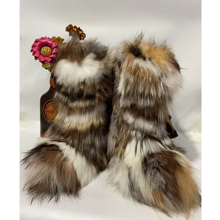 索伦部623-5三色狐冬季女士时尚彩色狐狸毛靴
