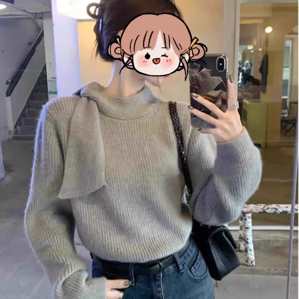 小众设计感绑带显瘦针织上衣女秋冬慵懒风软糯宽松半高领长袖毛衣