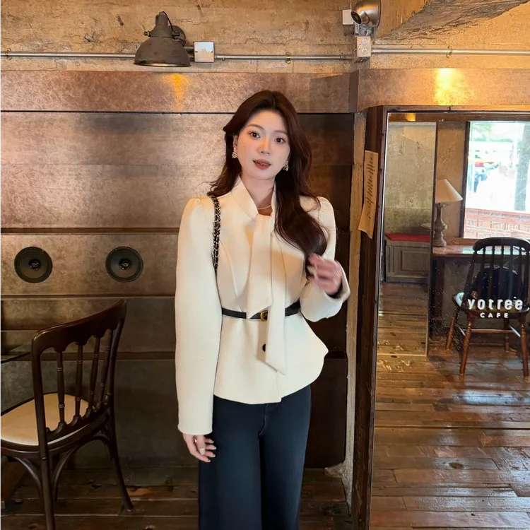 【月光小调】法式气质领结毛呢外套女秋冬绑带收腰长袖设计感厚上衣