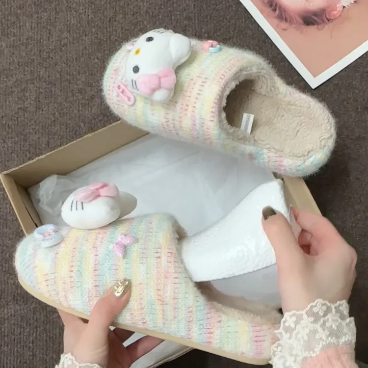 可爱卡通居家保暖毛毛拖鞋女款2025冬季新款包头厚底毛线家居拖鞋