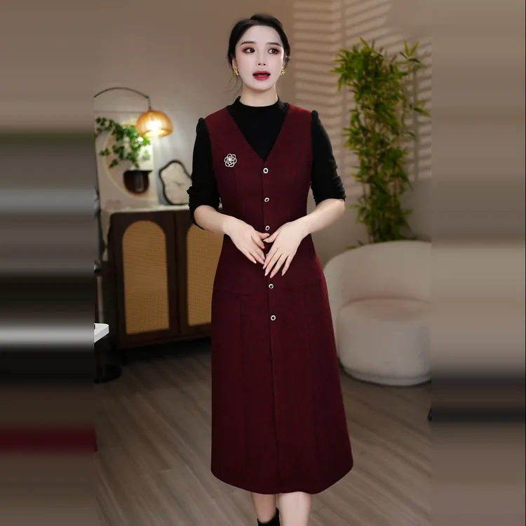 秋冬加厚气质修身收腰显瘦新款假两件连衣裙时尚气质大方精致