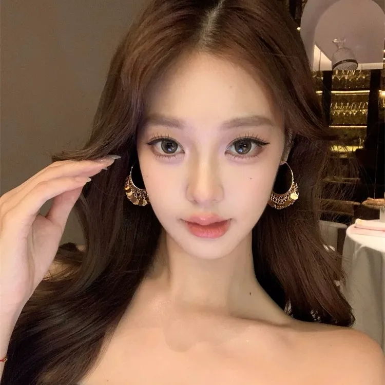 合金耳饰 波光粼粼~金色圆片流苏耳环高级感民族风度假耳饰