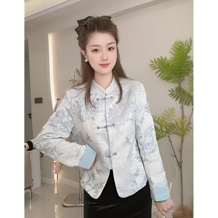 2025新款提花新中式女短加棉外套修身型重工百搭时尚气质长袖