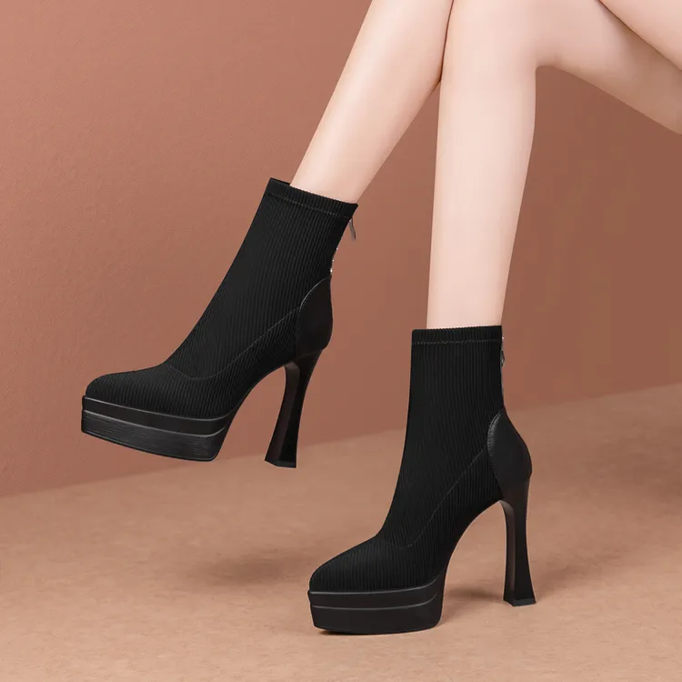 尖头高跟短靴女2025新款春秋黑色法式瘦瘦靴百搭单靴粗跟马丁靴子