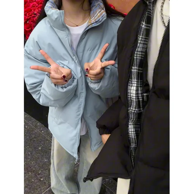 fitcheck格子拼接棉服男冬短款立领设计感面包服美式情侣棉衣外套