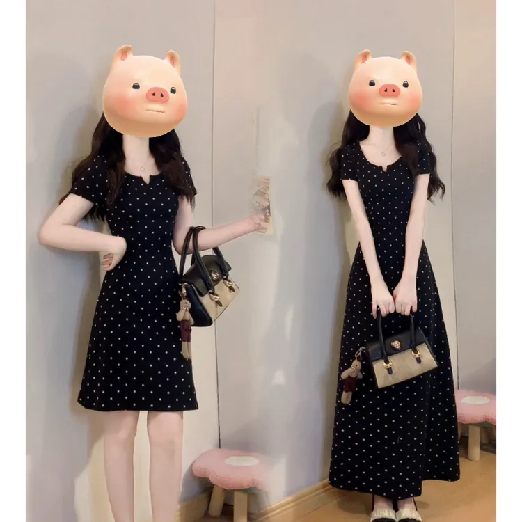 大码夏季新款黑色波点连衣裙韩系收腰显瘦V领短袖赫本风洋气裙子