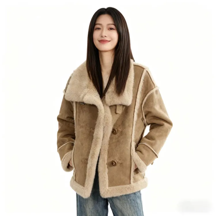 2025年冬季单品拼接翻领皮毛一体外套不挑人宽松版型保暖上衣