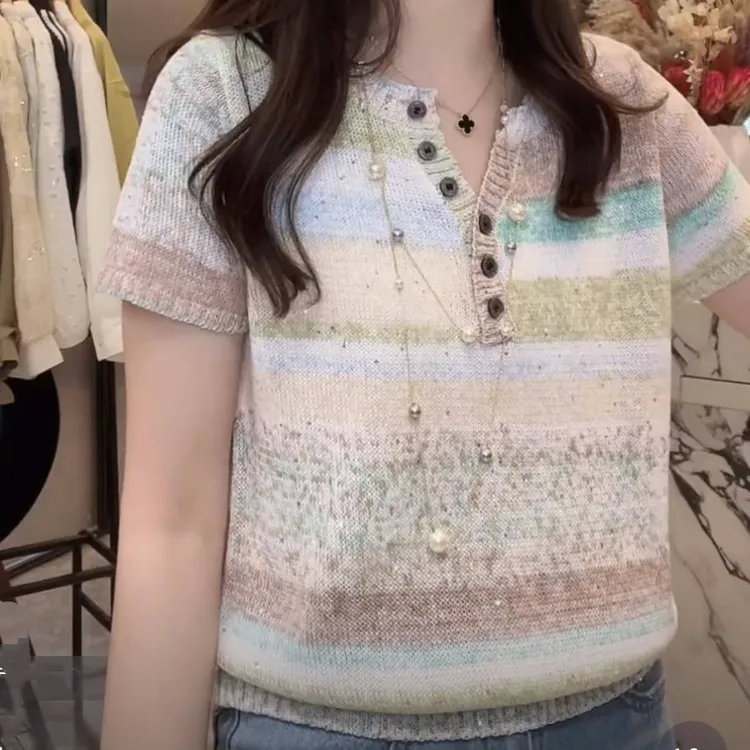 设计感洋气撞色短袖针织衫2025春夏新款小众女装时尚百搭修身上衣