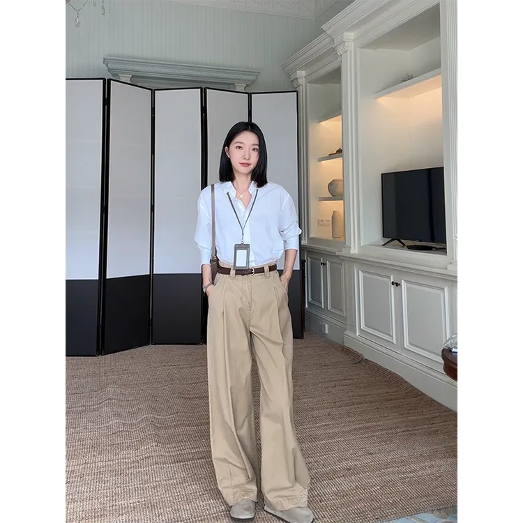 郭九九呢 100%棉简约通勤百搭宽松衬衫显瘦直筒阔腿裤 G9C342542