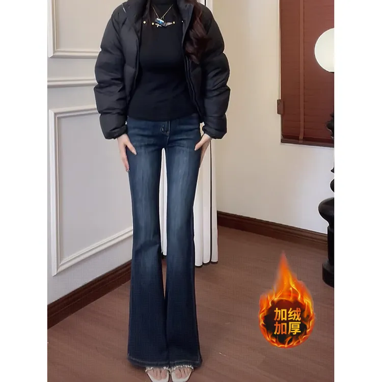 蓝灰色秋冬款加绒高腰气质微喇牛仔裤2025新款百搭修身显瘦喇叭裤