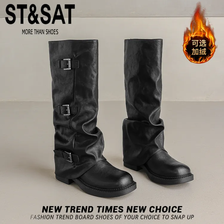 星期六皮带扣裤管骑士靴子女美拉德复古高筒马丁靴褶皱堆堆长筒靴
