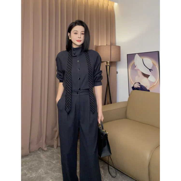 时尚显瘦套装复古港风气质长袖加厚衬衫上衣高腰直筒裤长裤四件套