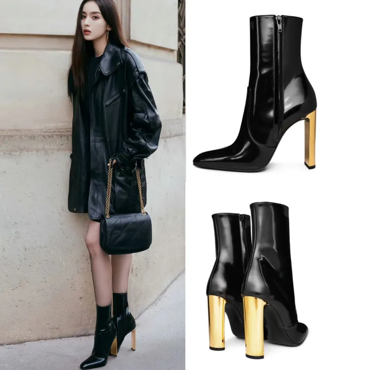 短靴女2024年秋冬新款金属高跟鞋粗跟方头踝靴瘦瘦靴子黑色漆皮靴