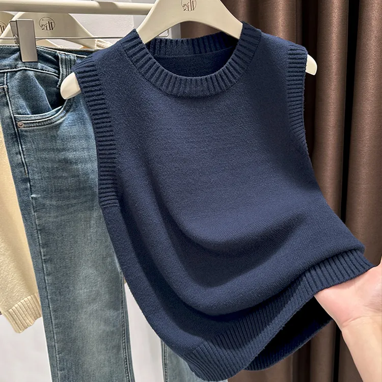 藏蓝色时髦感外穿针织马甲背心女秋季新款高档显白上衣套头打底衫