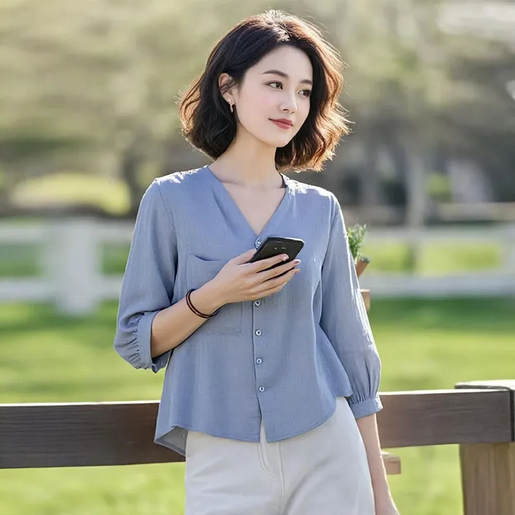 2025秋季新款V领时尚气质衬衫宽松五分袖显瘦百搭女士衬衣上衣女