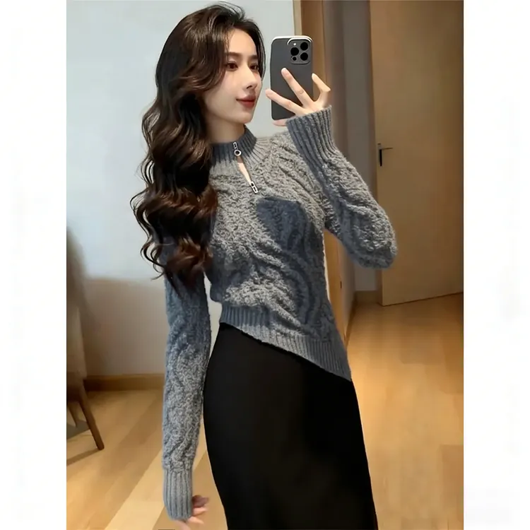 2025冬季新款爆款洋气女装巨好看法式气质别致灰色不规则毛衣上衣