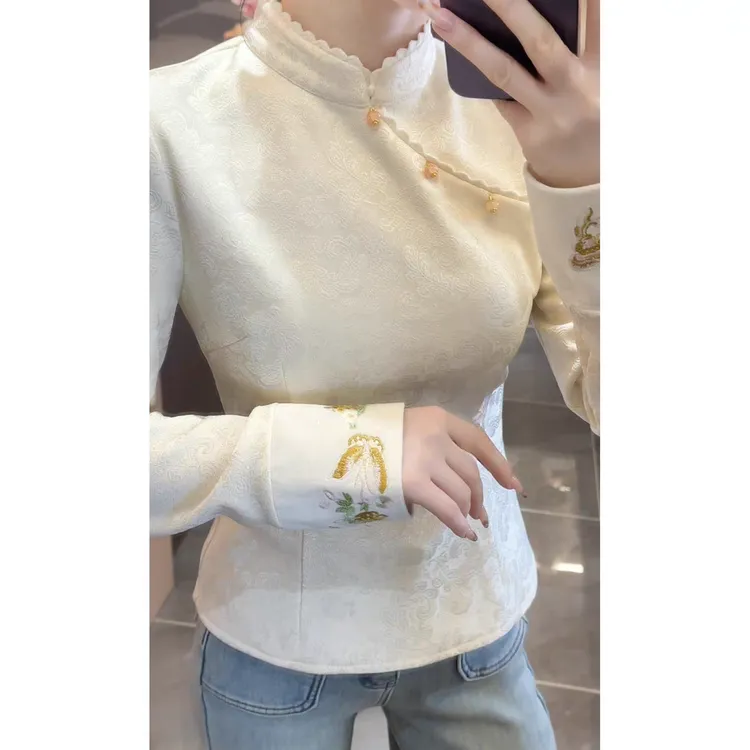 2025秋冬新款新中式刺绣提花加绒加厚上衣女显瘦百搭长袖保暖
