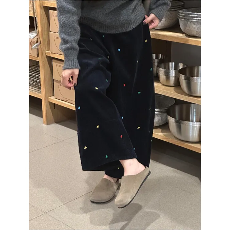 爱心刺绣灯芯绒阔腿裤2025秋冬新款韩系百搭九分显瘦休闲奶奶裤