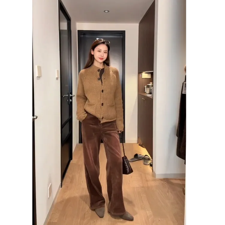 秋冬小众设计感套装女高级感超好看卡其针织开衫百搭休闲长裤套装