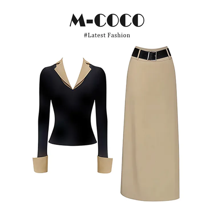 一套巨显瘦!时髦高智感气质韩系穿搭黑色假两件V领上衣长袖套装裙