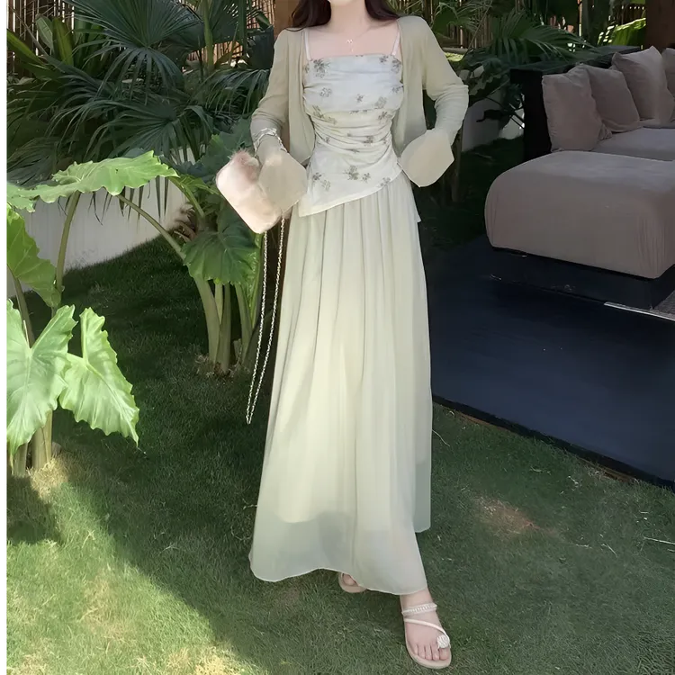 新中式国风收腰不规则吊带罩衫半身裙女2025春夏新款防晒气质套装