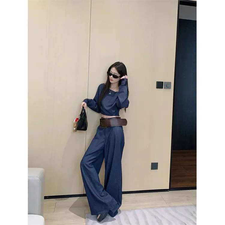 女装炸街高级感女早秋穿搭气质复古高级感斜肩上衣百搭阔腿裤套装