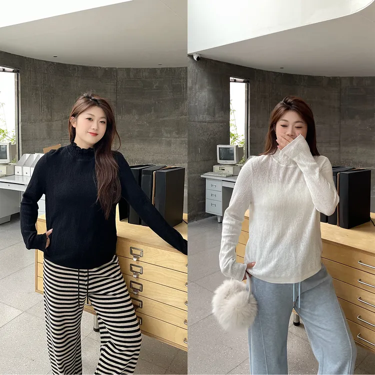 裂渡宣宣【叠穿搭档】微胖大码女冬百搭高领提花毛织打底衫ZY509A03