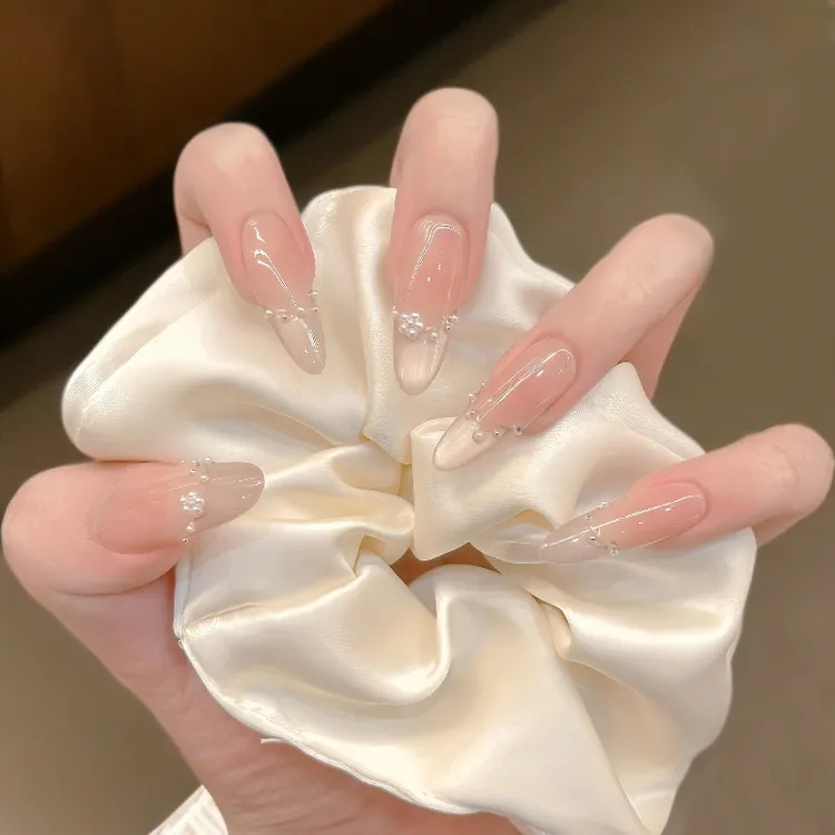 【珠光月色】裸色渐变水光猫眼美甲手工穿戴甲中长气质显白网红指甲