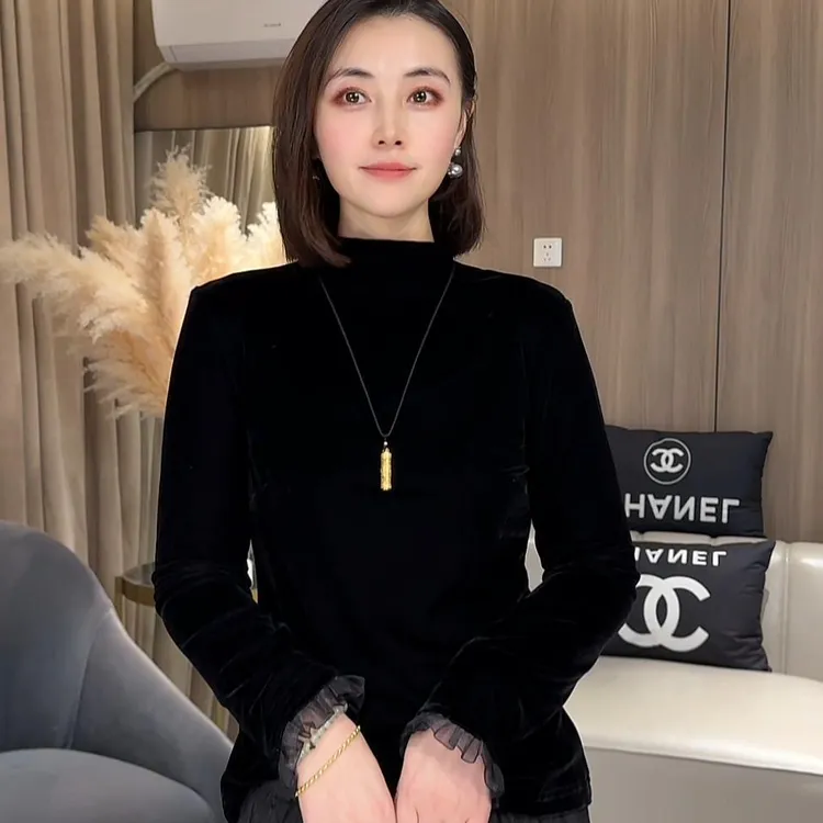 轻奢丝绒长袖时尚百搭袖口拼接花边上衣半高领打底衫洋气