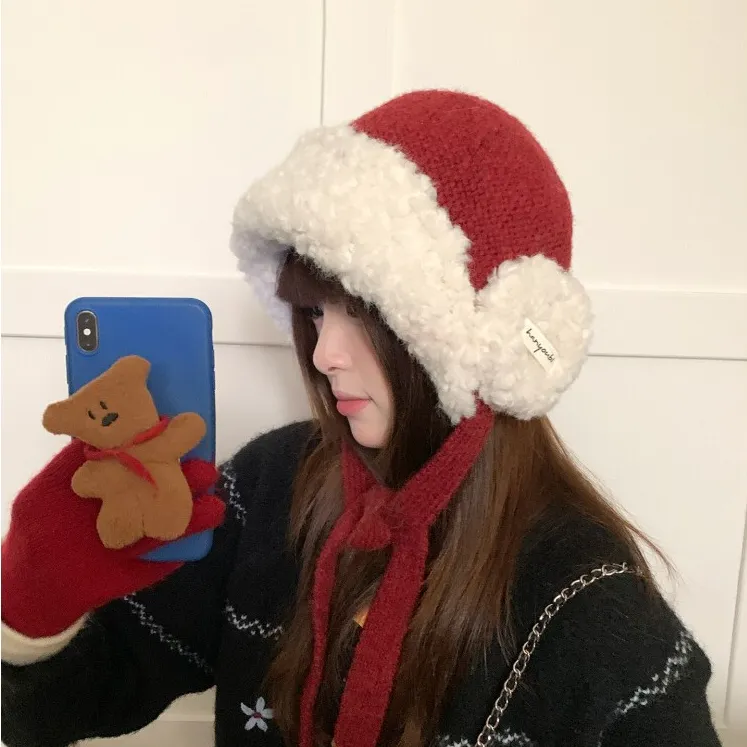 秋冬季毛绒加厚红色护耳毛线帽子女大头围保暖针织帽系带雷锋帽潮