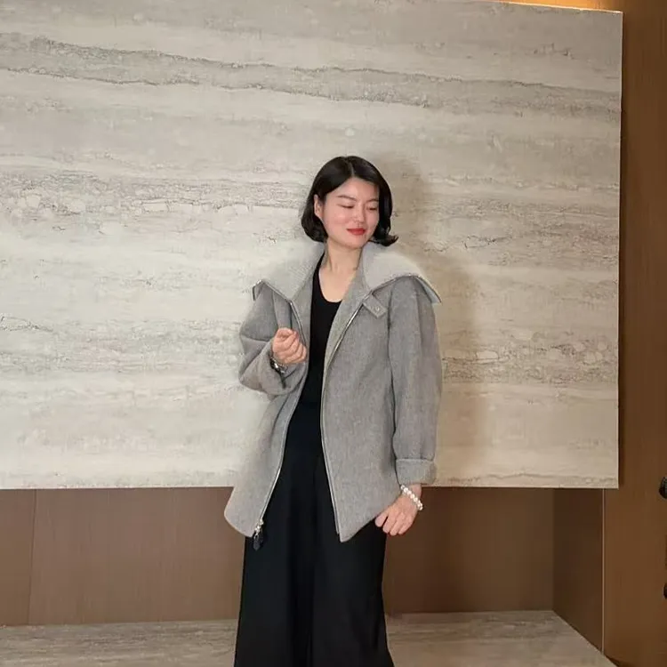 TANTAN 休闲百搭宽松韩版翻领秋冬毛呢外套3286