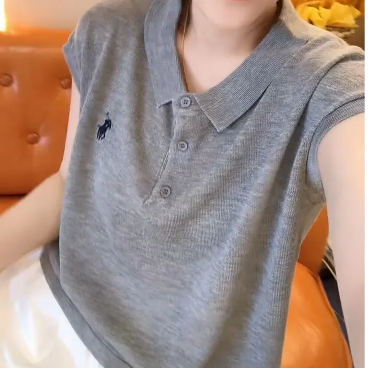 夏季高档砍袖小马刺绣纯色翻领遮肚显瘦洋气百搭衫T恤女减龄上衣