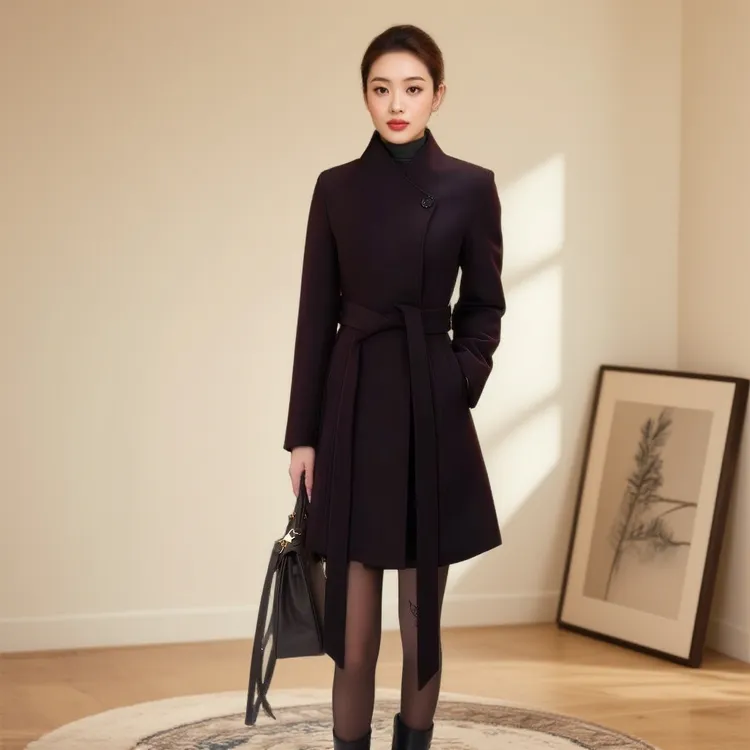 加棉秋冬短款女正肩袖毛呢外套显瘦气质网红时尚黑色修身收腰外套