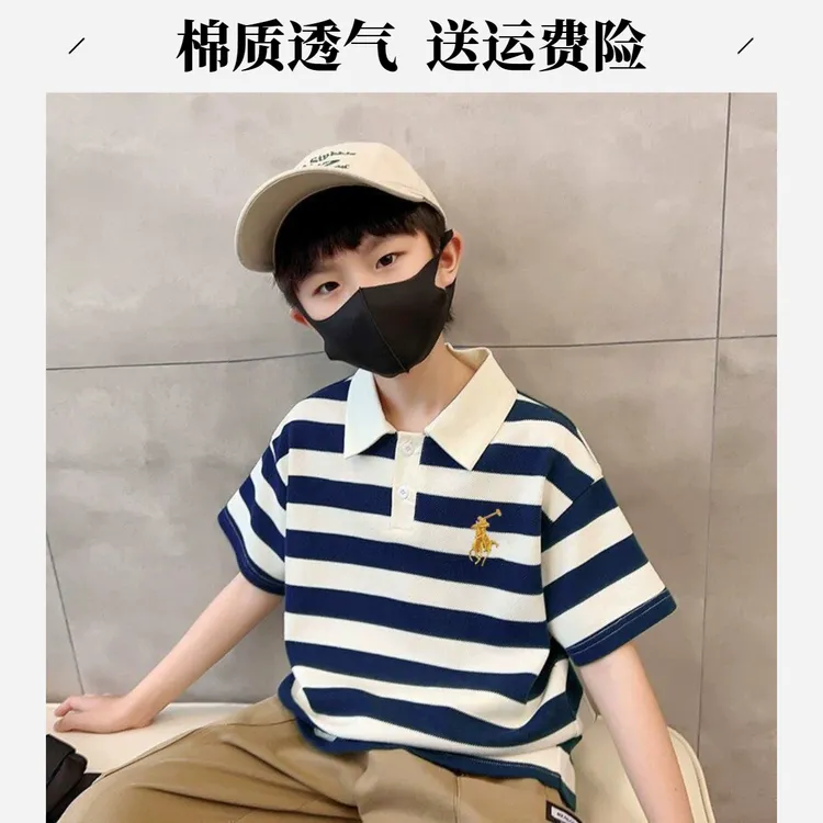 哆布哆夏季男童短袖polo衫宽松翻领刺绣T恤条纹男孩半袖6-12岁棉