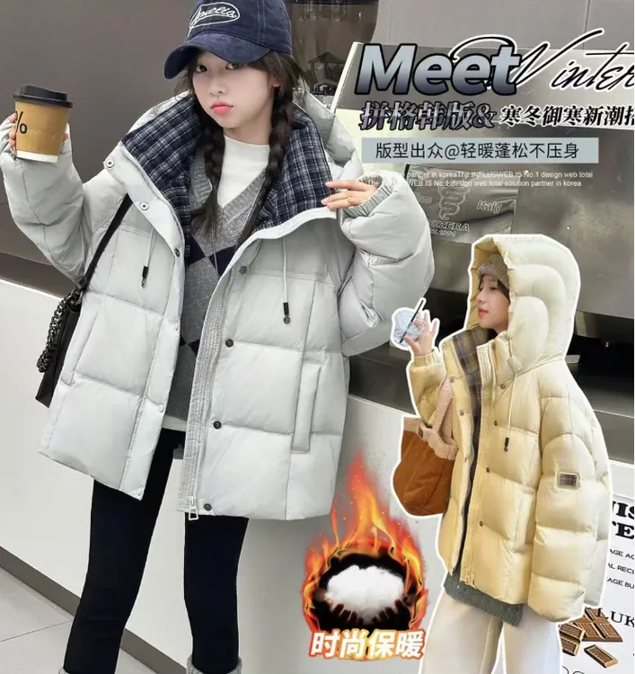 女童冬季外套新款韩版拼格子连帽棉服女孩5-13岁韩版时尚保暖棉衣