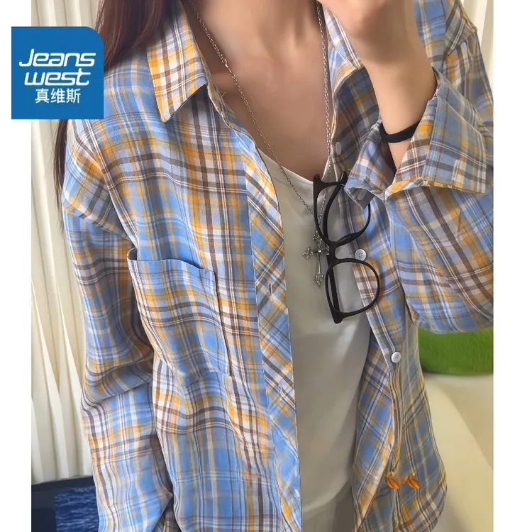 真维斯美式复古格子衬衫男女同款2025新款春秋款长袖衬衣宽松上衣