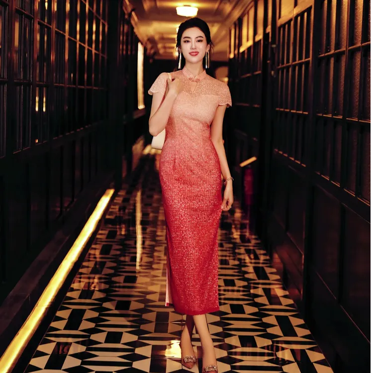 四美子【锦鲤】2025年新款正品银粉定渐变印花旗袍裙优雅气质时尚