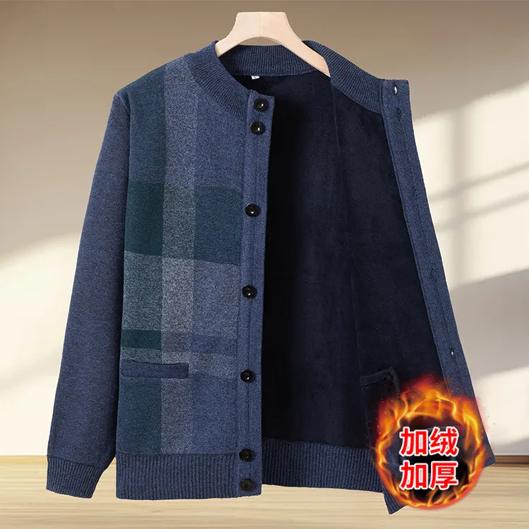 秋冬季中老年男士圆领加绒加厚保暖开衫中年爸爸装宽松休闲针织衫