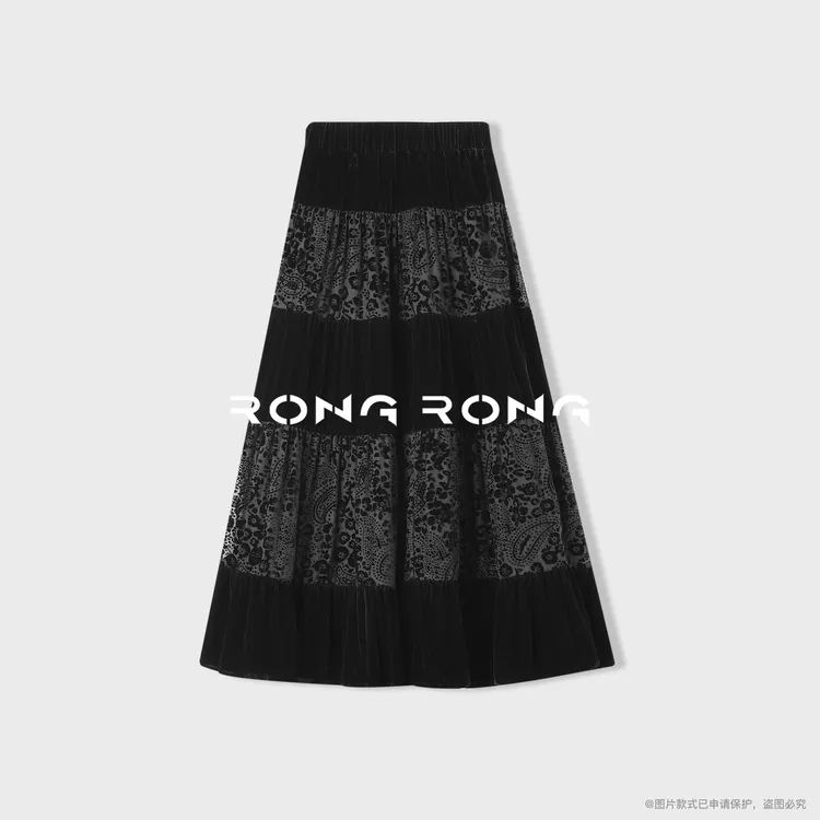 溶溶【丝光花影】RONGRONG 高腰丝绒拼接烧花复古风半身裙2521H015