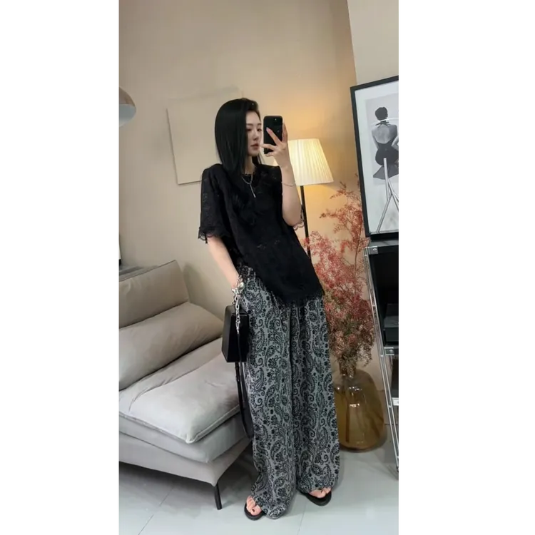 欧货时尚高级感套装女夏季新款蕾丝提花短袖上衣高腰长裤两件套潮