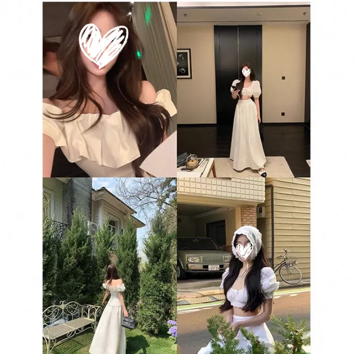 夏季甜美风一字肩衬衫泡泡袖上衣高腰长半裙三件套套装