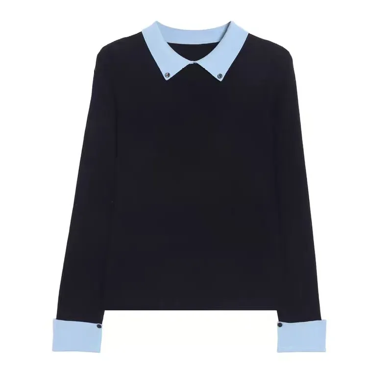 敏洋纯2025新款气质显瘦翻领百搭撞色个性针织打底衫女秋冬上衣MG8369