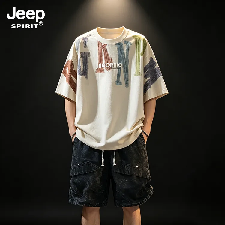 JEEPSPIRIT吉普痞帅套装夏季美式复古宽松短袖潮流大码休闲两件套