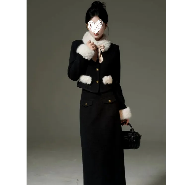 法式气质小香风毛呢外套半裙套装冬季新款设计感加厚两件套女