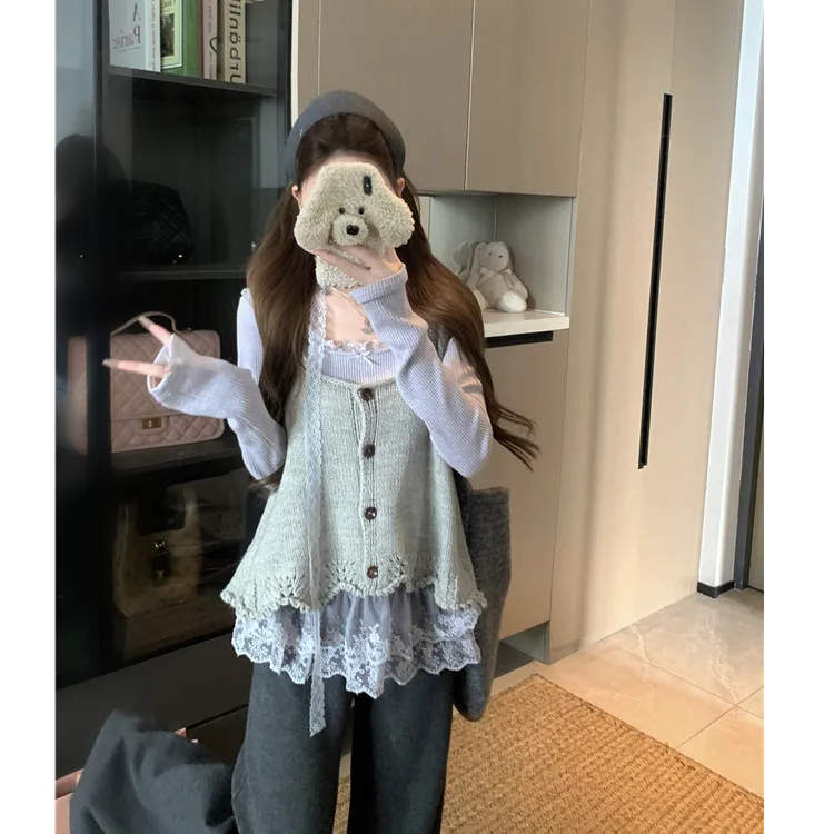 时尚套装蕾丝小众外穿上衣吊带复古针织秋季减龄背心两件套法式