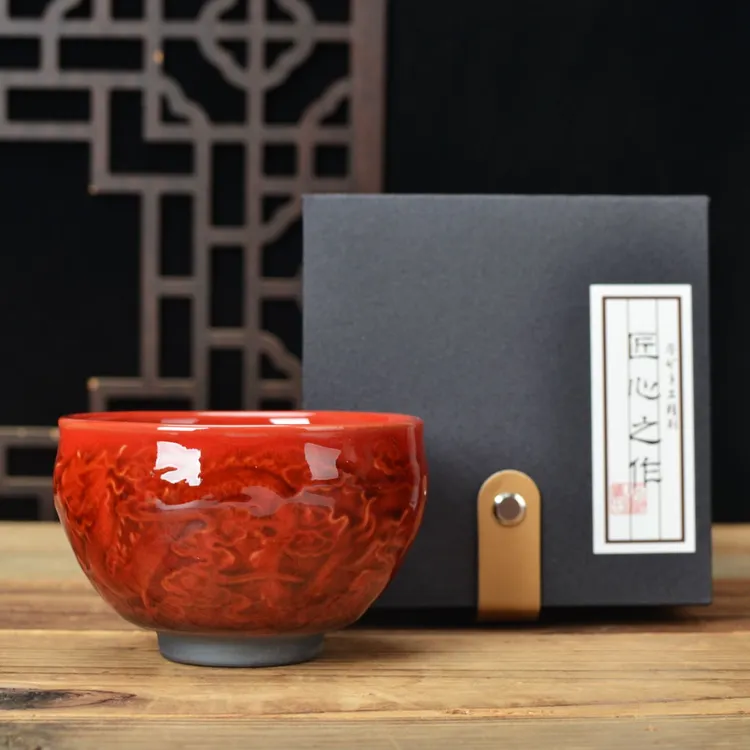 原矿原釉 主人陶瓷功夫茶具个人 牛血红龙凤呈祥主人杯茶杯