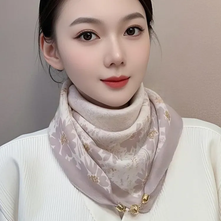 磁扣棉麻手感小方巾丝巾女春秋薄款百搭护颈领巾三角围巾保暖围脖