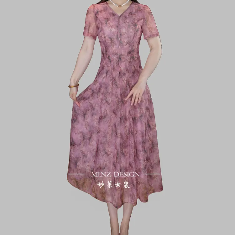 【妙莱 花知晓】25年新款时尚优雅碎花台湾纱妈妈装连衣裙M10475